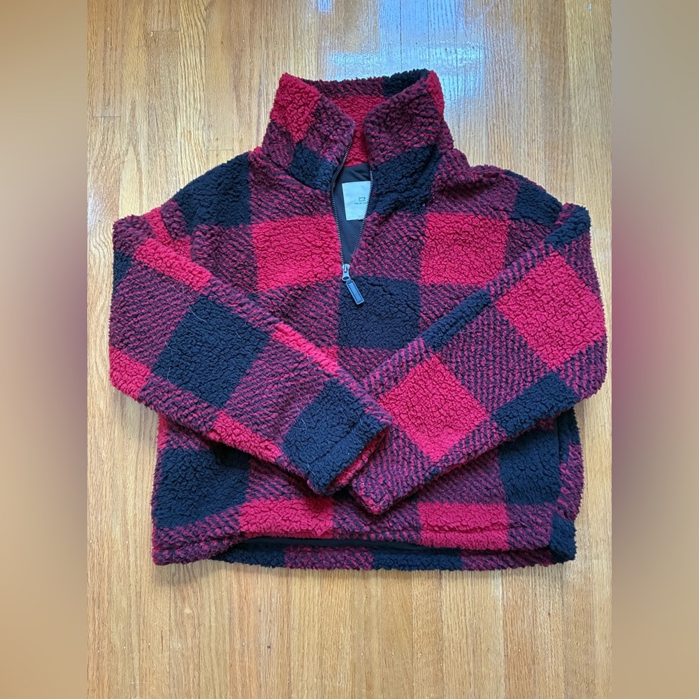 Thread + Supply Plaid Sherpa Quarter-Zip Pullover | Red & Black | XS